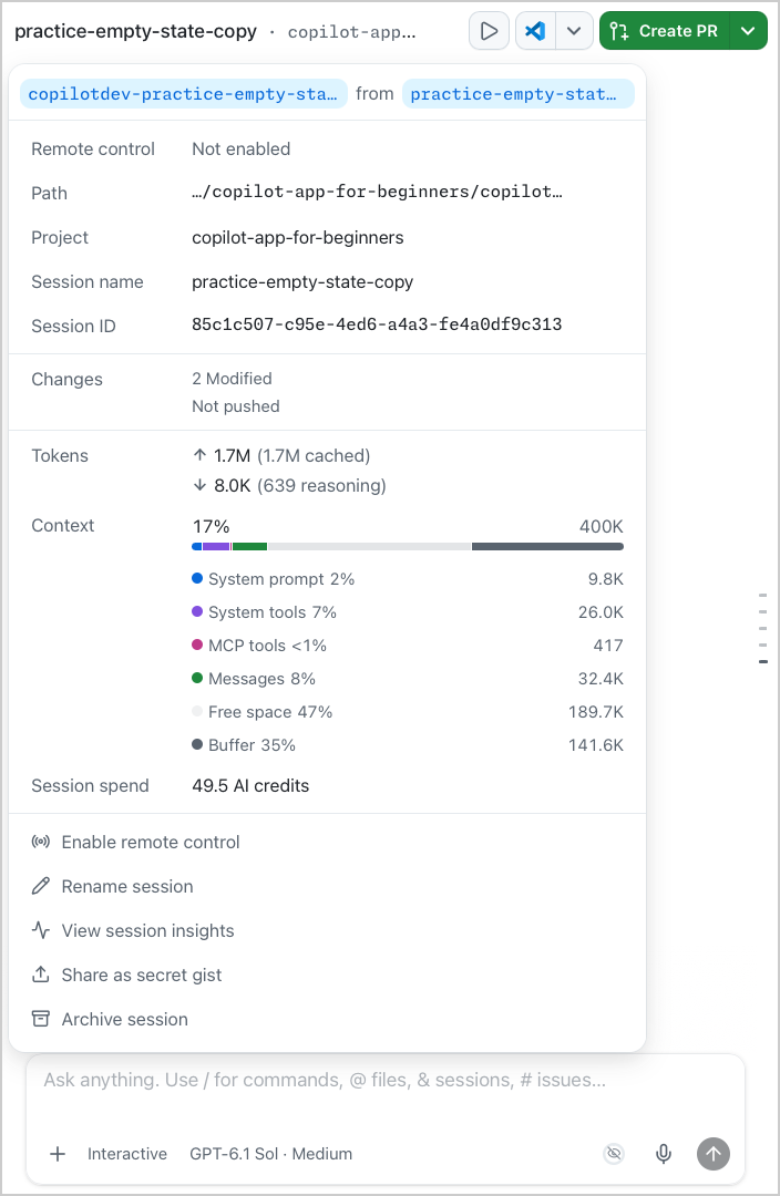 Session menu with the session details, token totals, the expanded Context breakdown, and session spend