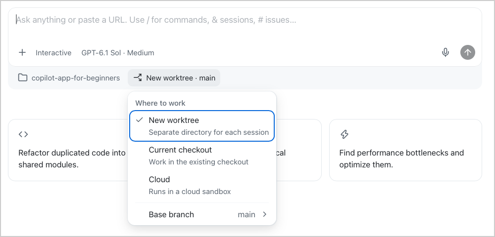 Where to work menu in the GitHub Copilot app showing New worktree, Current checkout, Cloud, and Base branch