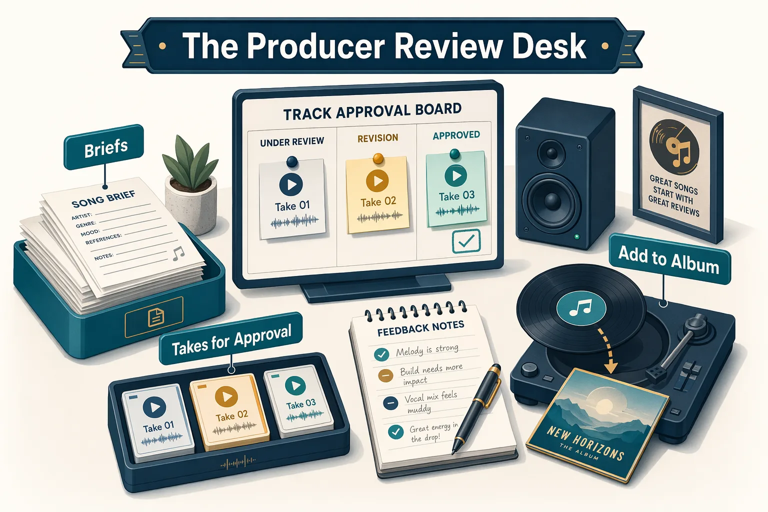 Producer review desk analogy for GitHub issues and pull requests
