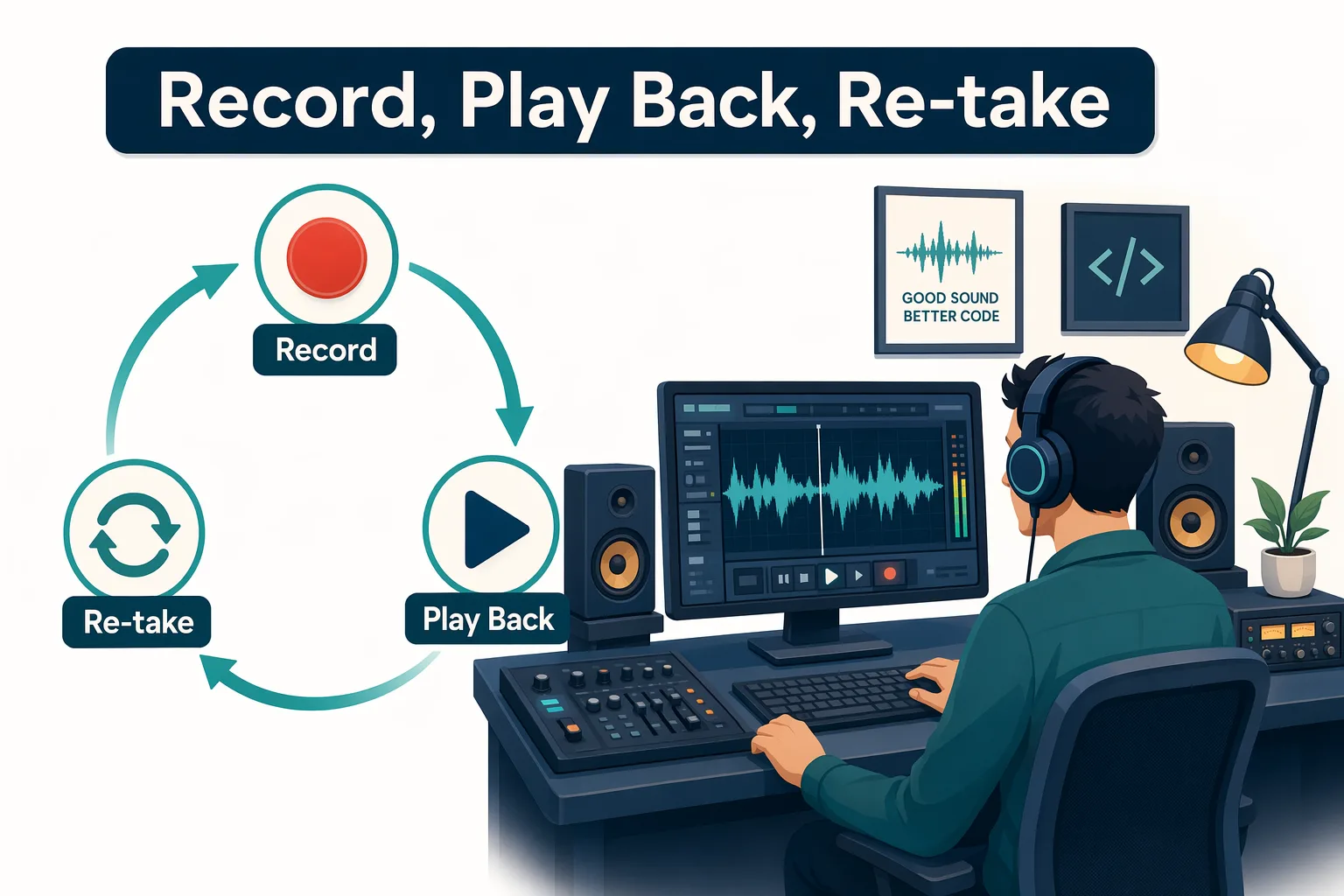 Record, play back, and re-take analogy for the development loop
