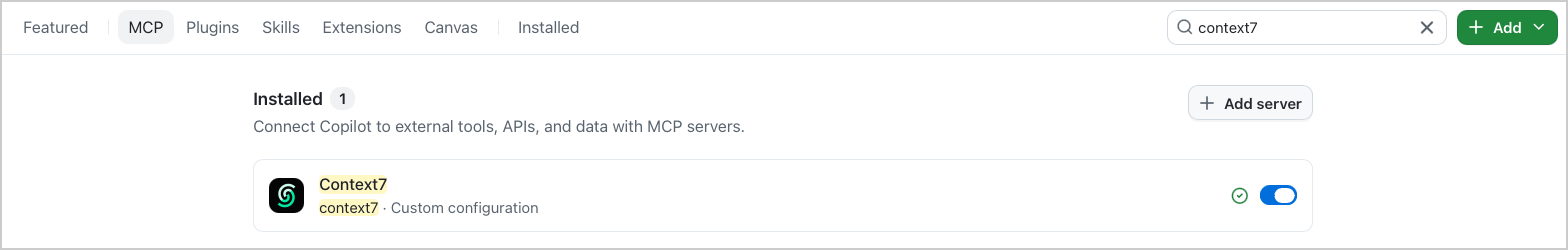 Customize MCP filtered to Context7, with one connected and enabled server