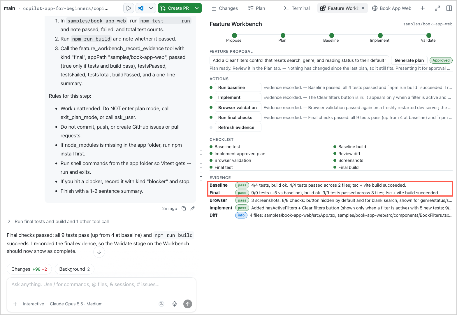 Feature Workbench with all five stages complete, and evidence that shows 4 baseline tests and 9 final tests