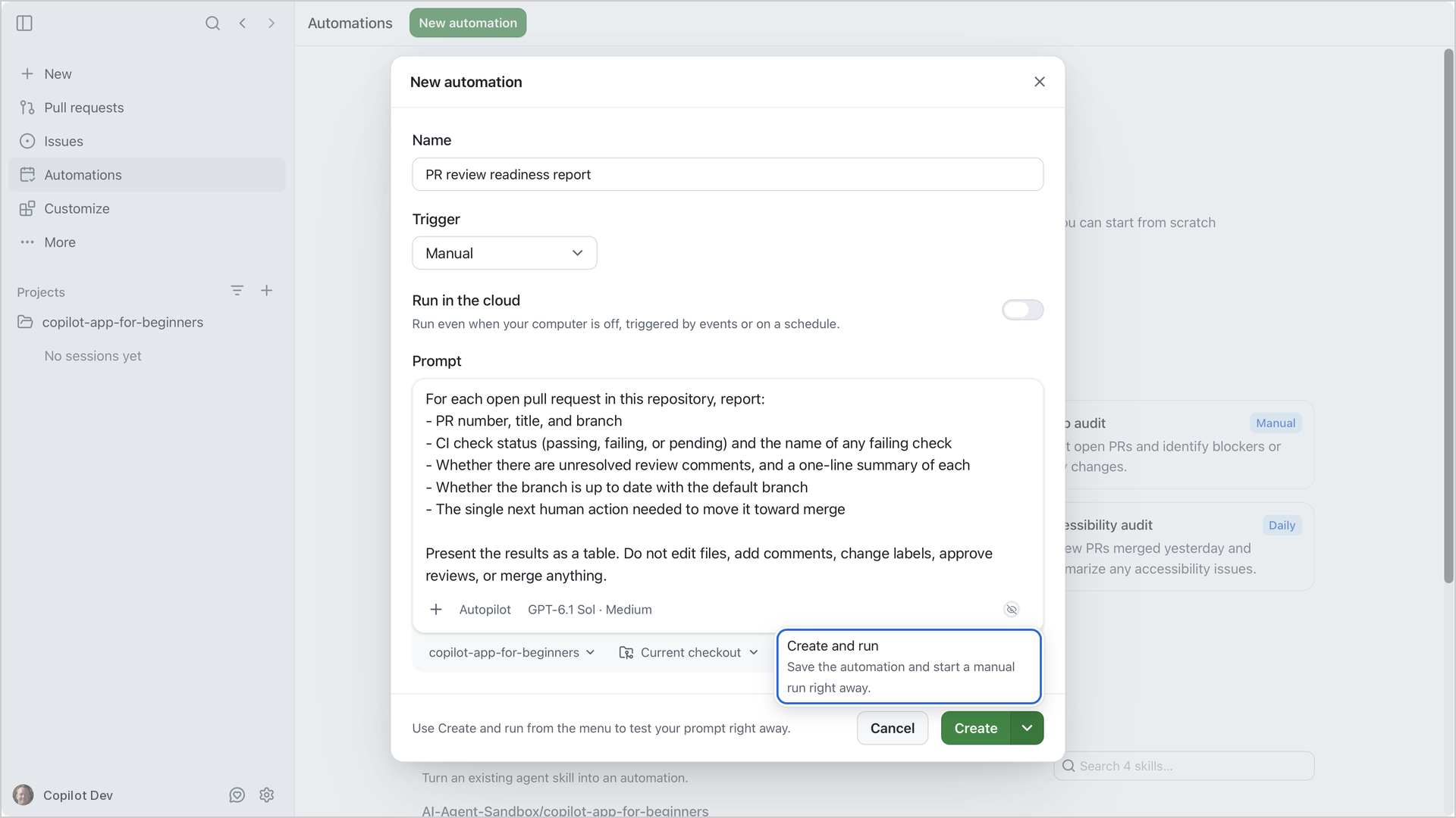 New automation form with the Manual trigger, Run in the cloud off, the course project, Current checkout, and the Create and run option open