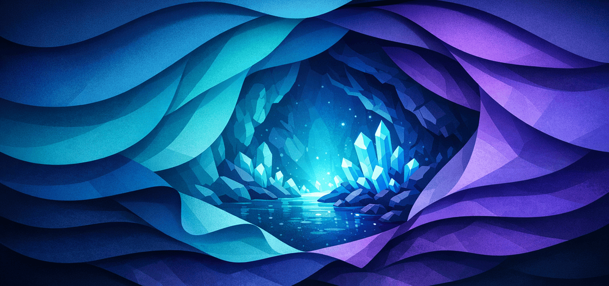 Abstract crystal cave in blue and purple tones representing deeper exploration of context concepts